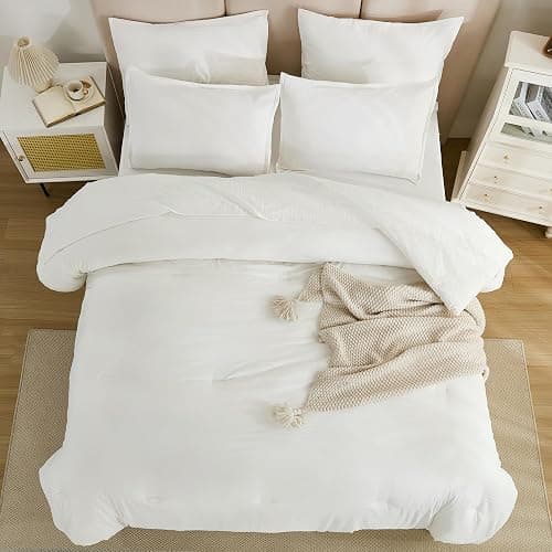 Litanika Queen Comforter Set Ivory - 7 Pieces Bed in a Bag Queen Bedding Comforter Sets, Solid Lightweight Bed Set with Comforter, Sheets, Pillowcases & Shams thumbnail 7