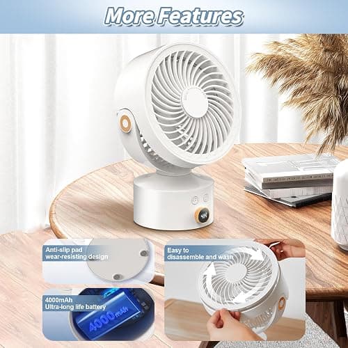Yincook Desk Fan Small Oscillating for Bedroom, 9 Inch Quiet Desk Fan Air Circulator with 3 Speeds, 4H Timer, Rechargeable Desk Fan for Office/Dorm/Room-White thumbnail 7