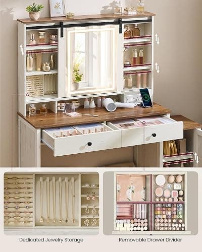 VASAGLE LIRY Collection - Vanity Desk with Mirror and Lights, Farmhouse Makeup Vanity with Stool, Charging Station, 2 Drawers, Jewelry Storage, for Bedroom, Rustic White and Honey Brown URDT135W01S thumbnail 4