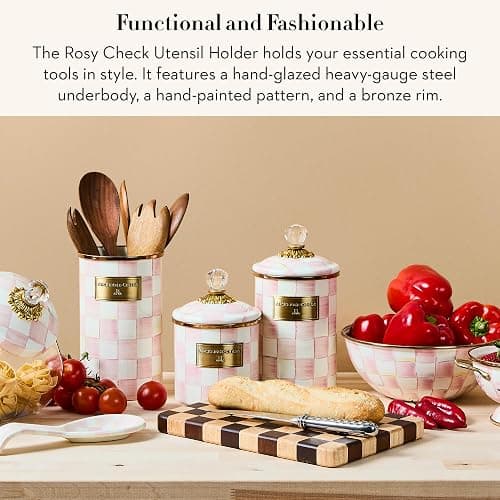 MACKENZIE-CHILDS Enamel Utensil Holder, Kitchen Utensil Holder for Countertop, Storage Caddy, Pink-and-White Rosy Check thumbnail 3