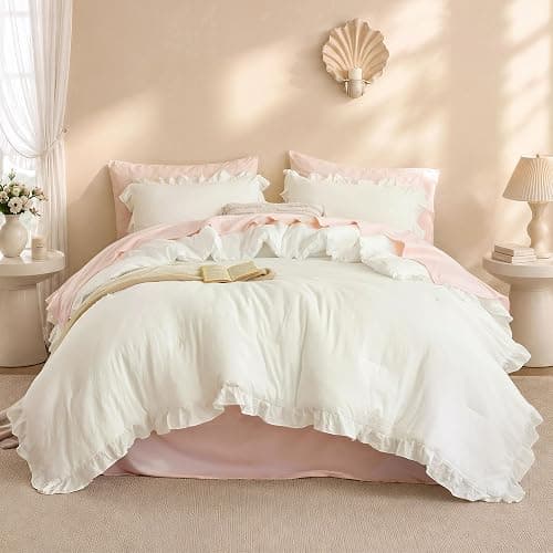 JANZAA Cream White Comforter Set Twin, Ruffle Soft Bedding | microfiber bed set with 1 pillow sham ruffle design lightweight warmth breathable bedding machine washable - Image 1