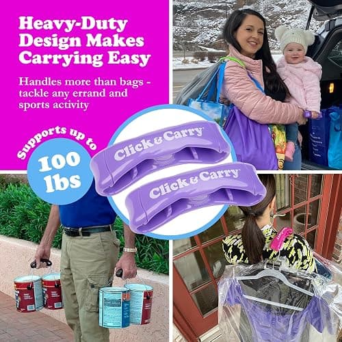 Click & Carry Grocery Bag Carrier Handle - Carry More in Fewer Trips, 100lb Capacity, Hands-Free, Gel-Padded Ergonomic Design, Shopping & Grocery Bag Holder - As Seen On Shark Tank, Purple, 2 Pack thumbnail 5