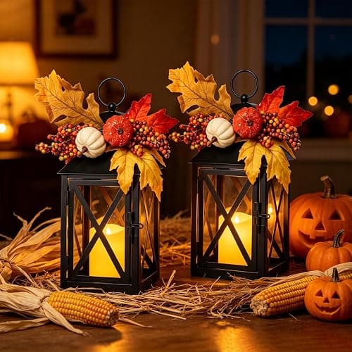 Bdor Fall Lanterns LED Candles 2 Pack 12 Inch Thanksgiving Decor Timer | Removable pumpkin and maple leaf accents, battery operated, tempered glass panels, autumn harvest and Thanksgiving decor thumbnail 6