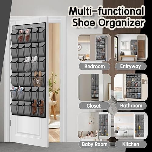 Kotkn Over the Door Shoe Organizer with 30 Breathable Mesh Pockets - Large Capacity Closet Storage for Men & Women, Hanging Shoe Rack Organizer (Gray) thumbnail 5