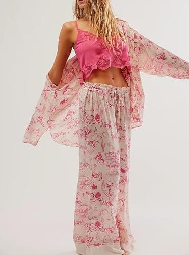 Fenghualzzniya Women Satin Pajama Set Floral Silk Pajamas 2 Piece Lounge Sets Button Down Shirts Wide Leg Pants Pjs Sleepwear thumbnail 3