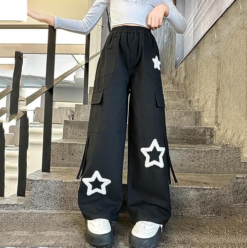 Viatabuna Star Cargo Baggy Pants for Girls Kids High Elastic Waist Embroidery Y2k Wide Leg Pull On Trousers with Pockets thumbnail 6
