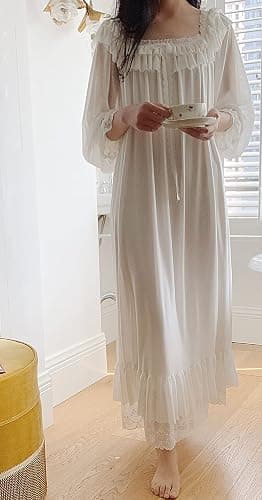 Airvid Women's Lace Vintage Victorian Nightgown Long Sleeve Sleepwear Nightdress thumbnail 2