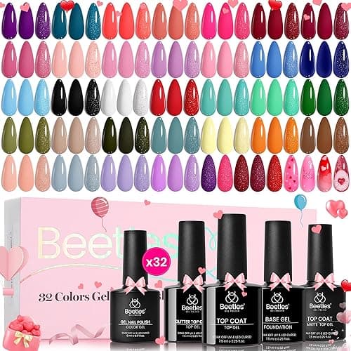 beetles Gel Polish Set Fall Gel Nail Polish Kit 36 Pcs 32 Colors with Base Top Coat Burgundy Red Blue Purple Hot Pink Green Black White Uv LED Lamp Nails Gifts for Women Fingertip Palette