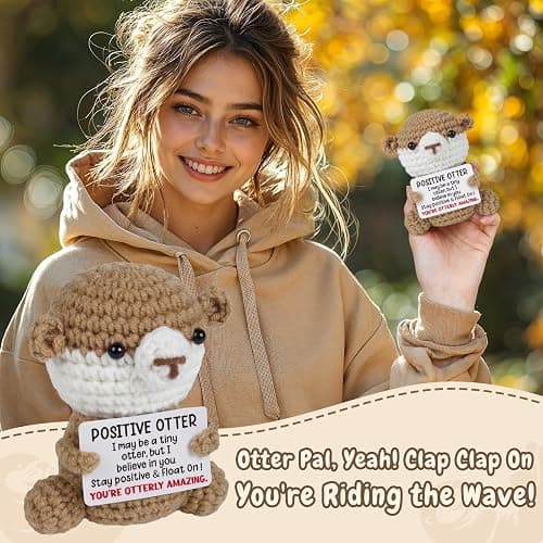 Christmas Birthday Gifts for Women Teens - Positive Otter Crochet Animals, Friendship GIfts for Women, Gifts for Friend Mom Daughter Coworker Teen Girls, Desk Home Decor, Emotional Support Gift. thumbnail 6