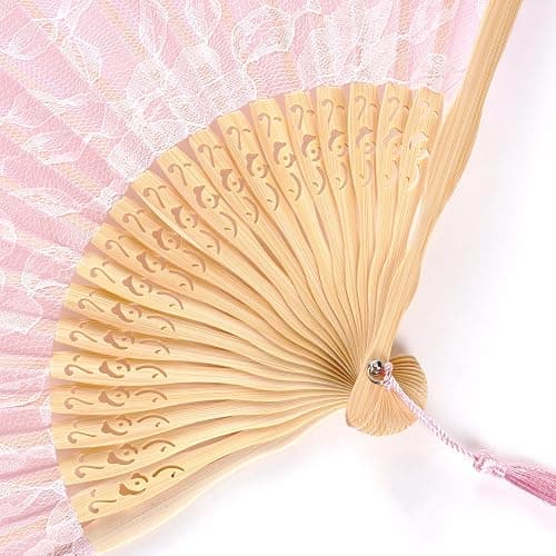 choyaxo Lace Handheld Chinese Folding Fan Bamboo Silk Folding Fan for Women Wedding Decoration Dancing Party,Pink thumbnail 4