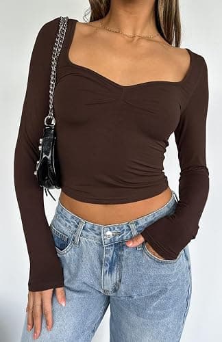 TiulZial Women's Long Sleeve Going Out Crop Top Sexy Pleated Trendy Shirt Sweetheart Neck Y2K Ruched Cropped Tops thumbnail 2