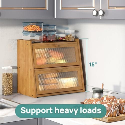 viewcare Extra Large Bread Box, Double Layer Bread Box for Kitchen Counter, Bamboo Wood Large Capacity Bread Storage Bin with Acrylic Wavy Door Panel thumbnail 3