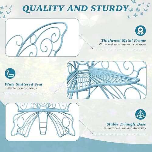 Decoccino 49 Inch Outdoor Bench, Blue Garden Bench with Metal Frame, Weatherproof Butterfly Front Porch Benches for Lawn, Garden, Yard, Balcony thumbnail 6