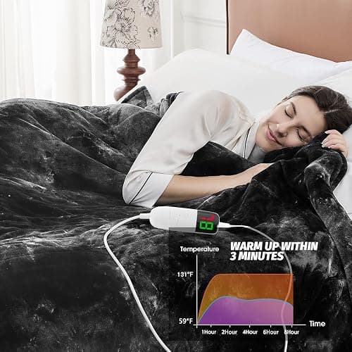 greenoak Heated Electric Blanket Throw, Faux Fur Sherpa Heating Blanket for Sofa Bed, Warm Winter Gifts for Women/Men, Heater Lap Blankets 5-Position Timer &10 Heating Levels 50''*60" Black thumbnail 6