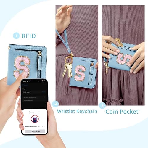COSHAYSOO Top Popular Valentines Birthday Party Favor Gifts RFID Wallet for Girls Weekend Sleepover Winter Vacation Travel Girls Trip Gifts Blue Small Mini Wallet Preppy Chenille Letter S thumbnail 3