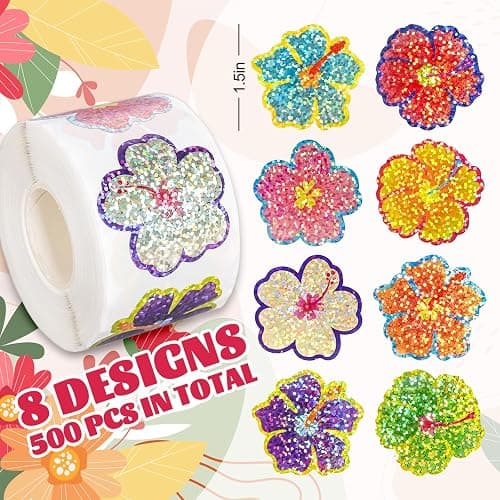 Whaline Summer Tropical Floral Stickers Roll Laser Hibiscus Flower Seal Stickers Colored Waterproof Self-Adhesive Decals for Envelope Journal Decor Hawaiian Luau Holiday, 500 Pcs thumbnail 3
