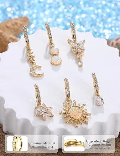 JOERICA 6 Pcs 14G Clicker Belly Button Ring for Women 316L Surgical Steel Butterfly Snake Evil Eye Heart CZ Opal Dangle Belly Button Rings Simple Reverse Navel Rings Body Belly Piercing Jewelry thumbnail 5