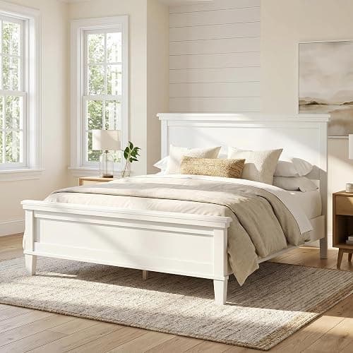 Merax Mid Century Queen Bed Frame with Headboard and Tapered Legs, Wood Platform Bed Frame Queen Size with Wood Slat Support, Under Bed Storage, White - Image 1