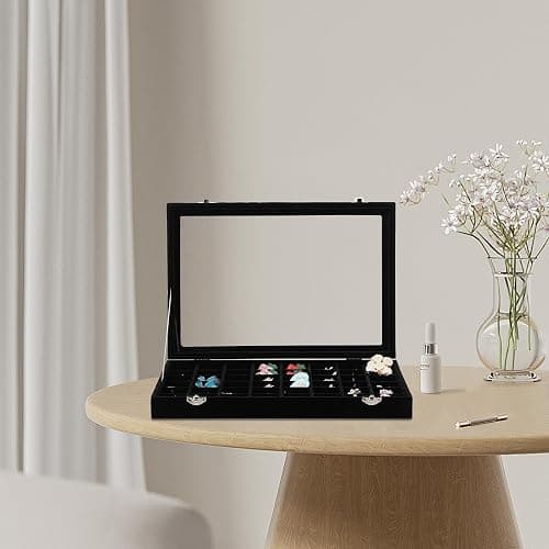 Frebeauty 48 Grid Jewelry Tray,Adjustable Earring Holder Organizer with Glass Lid,Velvet Drawer Jewelry Organizer for Rings,Studs,13.8 x 9.5 x 2 Inches Jewelry Display Box,Gift for Women(Black) thumbnail 2