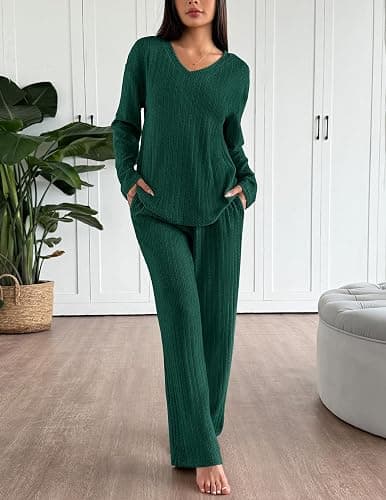 Ekouaer Lounge Sets for Women Long Sleeve Knit Ribbed Pajama Sets 2 Piece Casual Loungewear with Pockets thumbnail 2