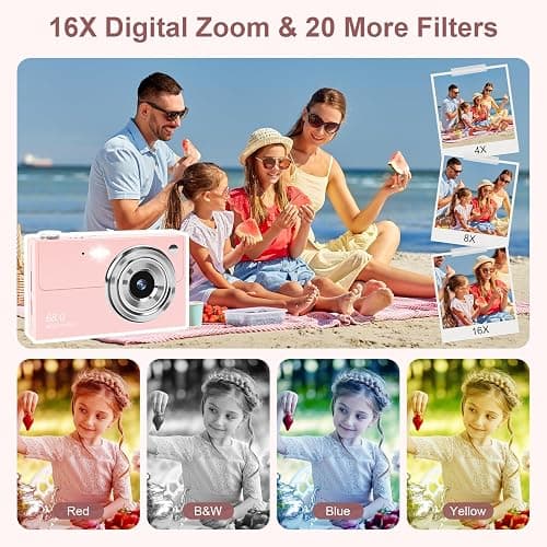 Digital Camera - 68MP Autofocus with 2.8" LCD Screen 16X Digital Zoom Anti-Shake Photography Vlogging Compact Photo Camera with 32gb SD Card for Kids Students Beginners Teens (All Pink) thumbnail 3