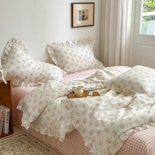 MKXI Queen Size Pink Floral Comforter Set - 3 Piece Ruffled Lace Bedding Set 1 Queen Comforter with 2 Pillowcases All Seasons, Soft Aesthetic Princess Style Floral Comforter for Girls, Women thumbnail 2