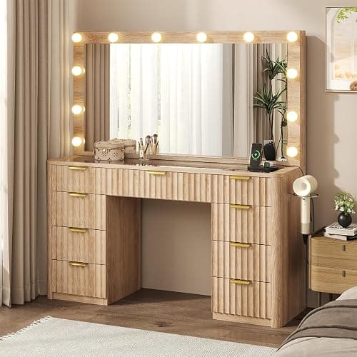 47" Fluted Vanity Desk with 42" Mirror & LED Lights, Large 9 Drawers Makeup Vanity Table with Tempered Glass Top & Charging Station, Waterfall Edge Design for Women&Girls, Bedroom or Dorm, Natural Oak - Image 1