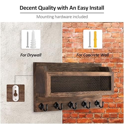 Nekon Mail and Key Holder for Wall Decorative, 11 Inch Mail Holder, Brown | Wooden Wall Key Organizer with 5 Key Hooks, Wall Mount Storage Shelf for Entryway Hallway thumbnail 7