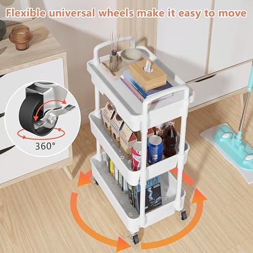 Calmootey 3-Tier Rolling Utility Cart with Drawer,Multifunctional Storage Organizer with Plastic Shelf & Metal Wheels,Storage Cart for Kitchen,Bathroom,Living Room,Office,White thumbnail 8