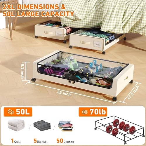 Under Bed Storage with Wheels, 2-Pack Under Bed Storage Containers with Clear Lids, XXL 60L Under the bed storage Organizer Bins, Rolling Under Bed Metal Drawer for Clothes,Shoes,Toys (White, 2 Pack) thumbnail 2