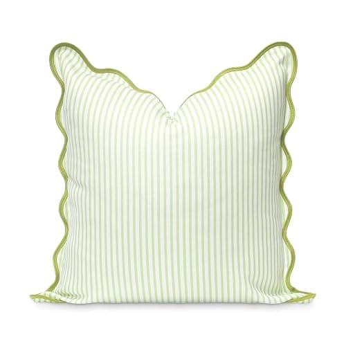 Hofdeco Premium Coastal Patio Indoor Outdoor Scalloped Throw Pillow Cover Only, 20"x20" Water Repellent for Backyard, Couch, Green Print Stripes - Image 1
