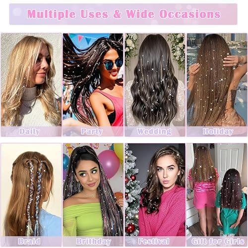 Aokomisu Hair Tinsel, 18 Colors 7800 Strands 48 Inch Glitter Tinsel Hair Extensions Kit Heat Resistant Daily Use Festivals Shiny Fairy Hair Accessories for Girls Kids Women (18 Colors) thumbnail 4