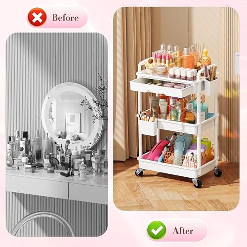 SUNALLY Makeup Cart Organizer with Drawers, Floor Skincare Organizers Vanity Storage Organizer, Rolling Makeup Bathroom Storage Cart Cosmetics Display Cases for Skin Care Perfume Nail Polish, White thumbnail 6