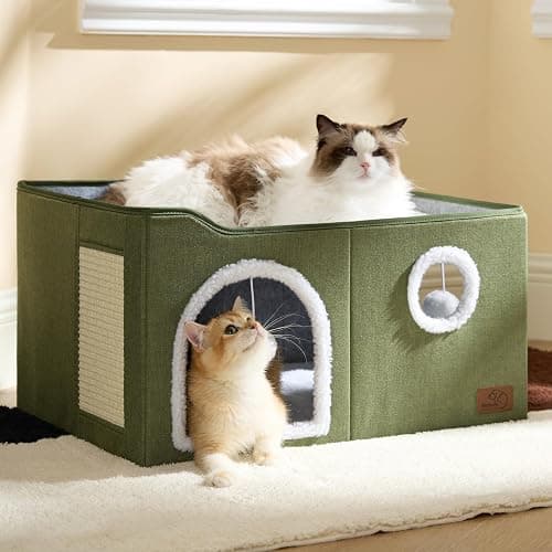 Bedsure Large Cat Beds for Indoor Cats - Extra Wide Cat Cube House for Small Pet with Fluffy Ball Hanging and Scratch Pad, Foldable Pet Cave Hideaway for Multiple Cats, 23.6x16.9x13 inches thumbnail 8