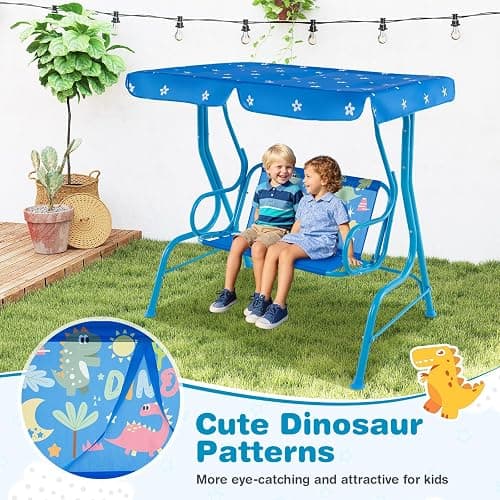 Costzon Kids Porch Swing, All-Weather Patio Swing Bench Hammock w/Adjustable Canopy & Safety Belts for 2 Children, Outdoor Swing for Backyard Garden Balcony Poolside (Blue, Dinosaur) thumbnail 6