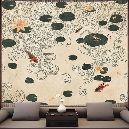 Lifeella Japanese Tapestry, Koi Pond Tapestry, Abstract Lotus Lily Wall Hanging, Zen Nature Aesthetic Art Wall Decor for Bedroom Living Room Dorm, Beige 36x48 inches thumbnail 4