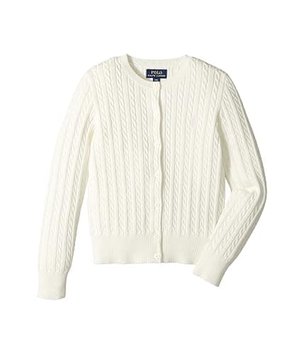 Polo Ralph Lauren Kids Girl's Cable Knit Cotton Cardigan (Little Kids/Big Kids) Warm White/French Pink Pony Player XL (16 Big Kids) - Image 1