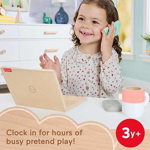 Fisher-Price Wood Pretend Play Work from Home Set, 9-Piece Office Playset with Wooden Toy Laptop & Phone for Preschool Kids Ages 3+ Years thumbnail 3