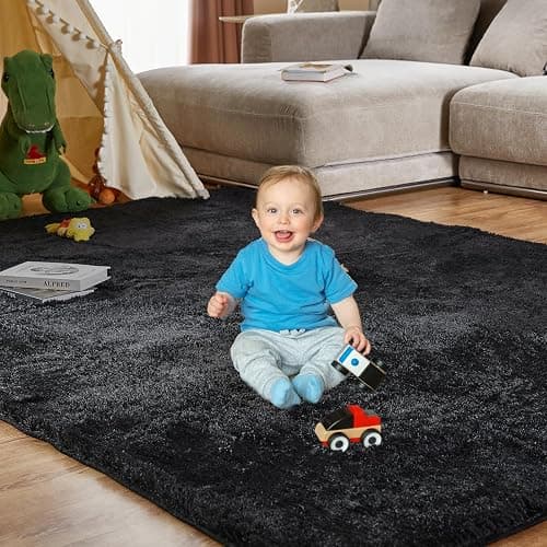 KNZE Super Soft Area Rugs for Living Room 5x7 Black, Fluffy Furry Shaggy Fuzzy Area Rug, Upgrade Anti-Skid Rectangular, High Pile Soft Throw Rug for Bedroom and Kids Room, Home Decor Aesthetic thumbnail 3