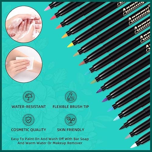 Anmmy Temporary Tattoo Markers for Skin, 16-Count Body Markers+77 Large Tattoo Stencils of Assorted Colors for kids and Adults, Flexible Brush Tip, Bright colors, Skin-Safe*, Cosmetic-Grade. thumbnail 3