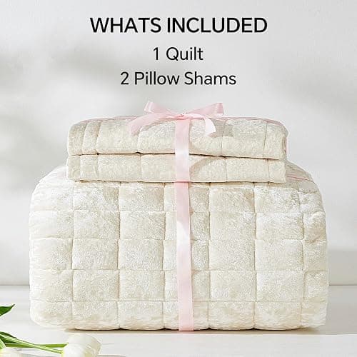 BEDELITE Velvet Quilt Set King Size - Luxury Velvet Comforter Bedding Set 3 Pieces, Lightweight Soft Cozy Shiny Cream White Oversized Bedspread Coverlet for All Seasons with 2 Pillow Shams thumbnail 7