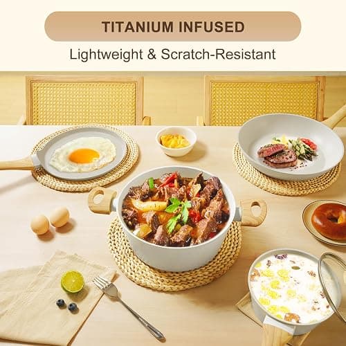 EWFEN 25 Pcs Pots and Pans Set, Nonstick Ceramic Cookware Sets, Healthy Non-Toxic, Large Capacity, Induction Compatible, Cooking Set with Frying Pans & Saucepans, PFAS/PTFE/PFOA Free, Cream White thumbnail 7