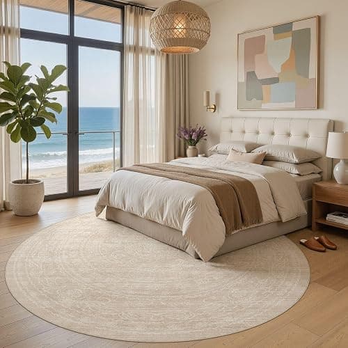 8ft Round Rug Living Room: Washable Large Vintage Neutral Area Rug Non-Slip Soft Stain Resistant Indoor Carpet for Bedroom Nursery Dining Room Under Table Bed Home House Office Playroom - Beige thumbnail 2