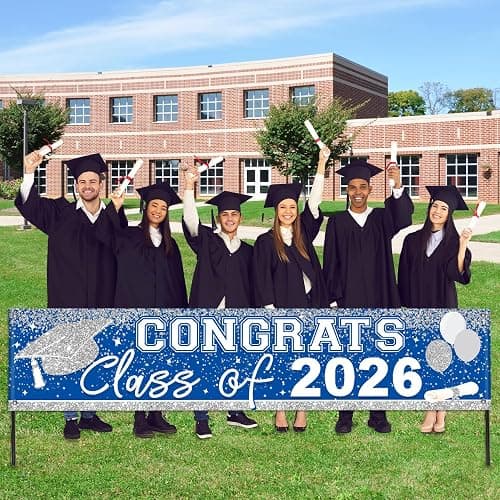 Large Congrats Grad Banner Light Blue Class of 2026 Banner Backdrop 2026 Yard Sign for Graduation Party Supplies Graduation Decorations 2026 (Light Blue) thumbnail 5