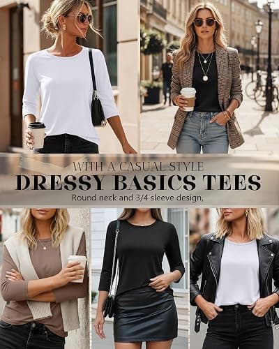 Ficerd 3 Pack 3/4 Sleeve Tops for Women Round Neck Dressy Basics Tees Casual Trendy Loose Fit T Shirts thumbnail 2