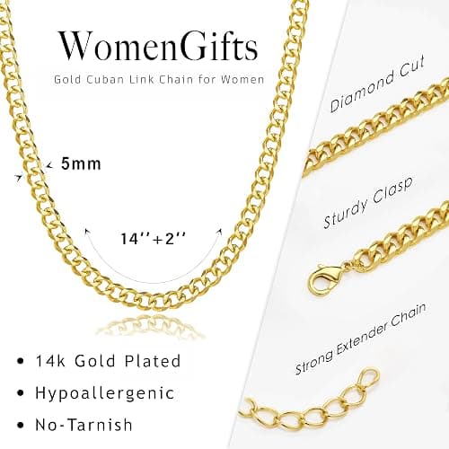WomenGifts Cuban Link Chain Necklace for Women, Waterproof 14k Gold Silver Plated Chain Choker, Non Tarnish Stainless Steel Jewelry, 3.5/5/6/8/11mm,14/16/18 Inch Thin&Chunky&Thick thumbnail 6