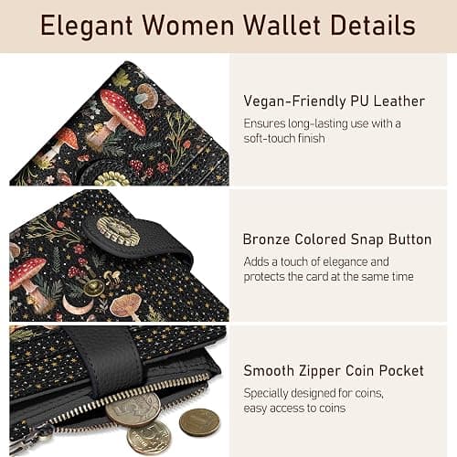 Kelvoris Mushroom Moon Night Small Rfid Women Wallet Bifold Zipper Coin Pocket PU Leather Compact Cash Credit Card Holder Travel Wallet for Female Ladies Teen Girls 1 ID Window 10 Card Slots thumbnail 6
