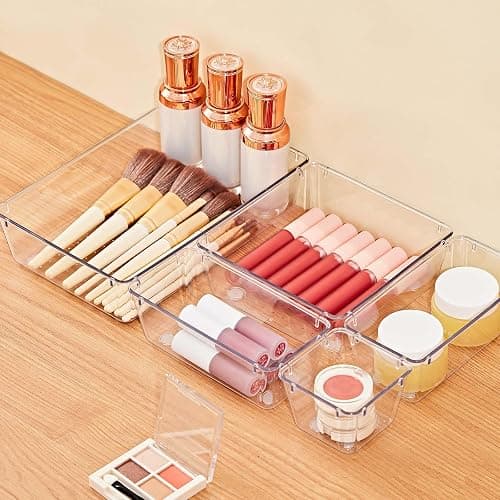 SMARTAKE 22-Piece Drawer Organizer with Non-Slip Silicone Pads, 5-Size Clear Desk Drawer Organizer Trays Storage Tray for Makeup, Jewelries, Utensils in Bedroom Dresser, Office and Kitchen, Clear thumbnail 2