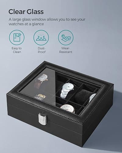 SONGMICS Watch Box with 10 Slots, Watch Case with Glass Lid, Watch Display Box with Removable Watch Pillows, Metal Clasp, Gift Idea, Black Synthetic Leather, Black Lining JWB010B02 thumbnail 4