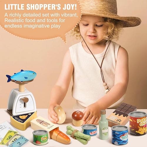 Pithfor Wooden Play Food Set for Kids Toddlers, Grocery Store Pretend Play Food, Pretend Grocery Shopping & Play Kitchen Accessories for Boys Girls thumbnail 2